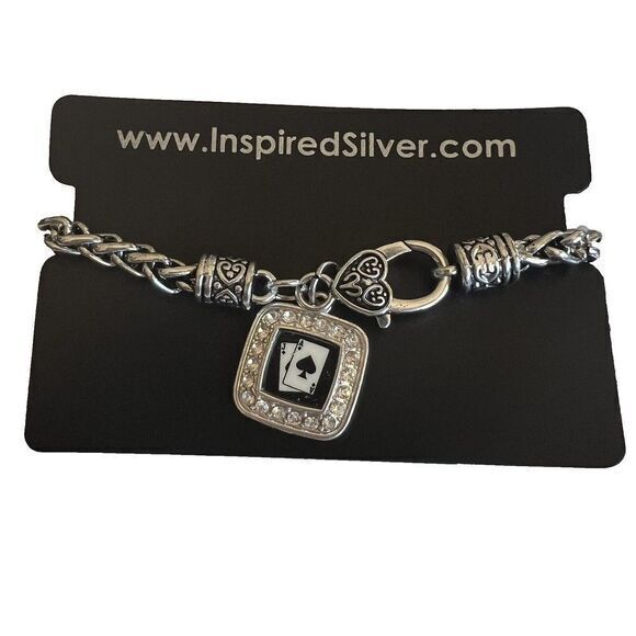 Silver Plated Blackjack Square Charm Braided‎ Bracelet Cubic Zirconia 7.5 in - Picture 5 of 13